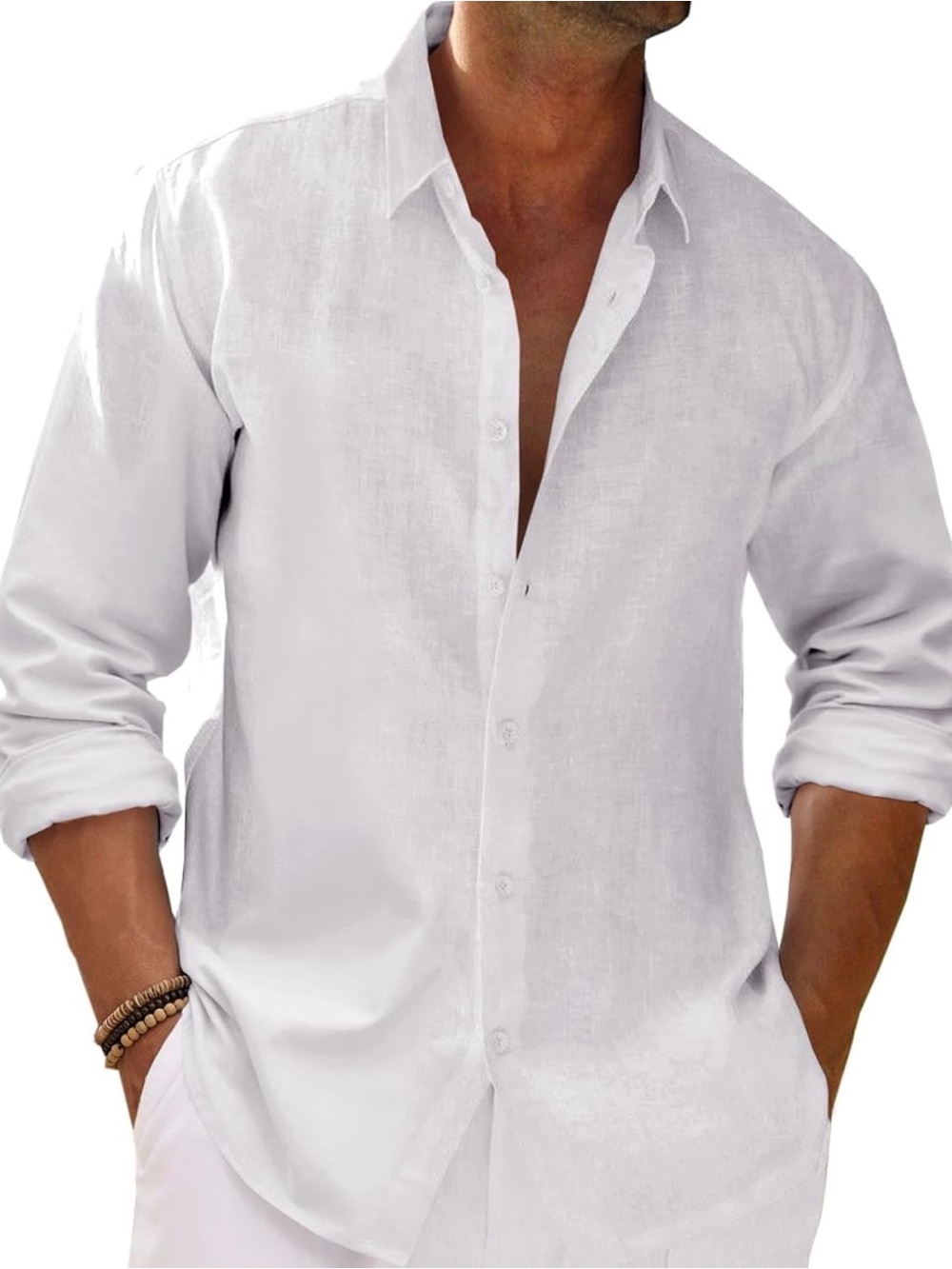 Men's White Long Sleeve Cotton Linen Blend Button Down Shirt Casual Size XL
